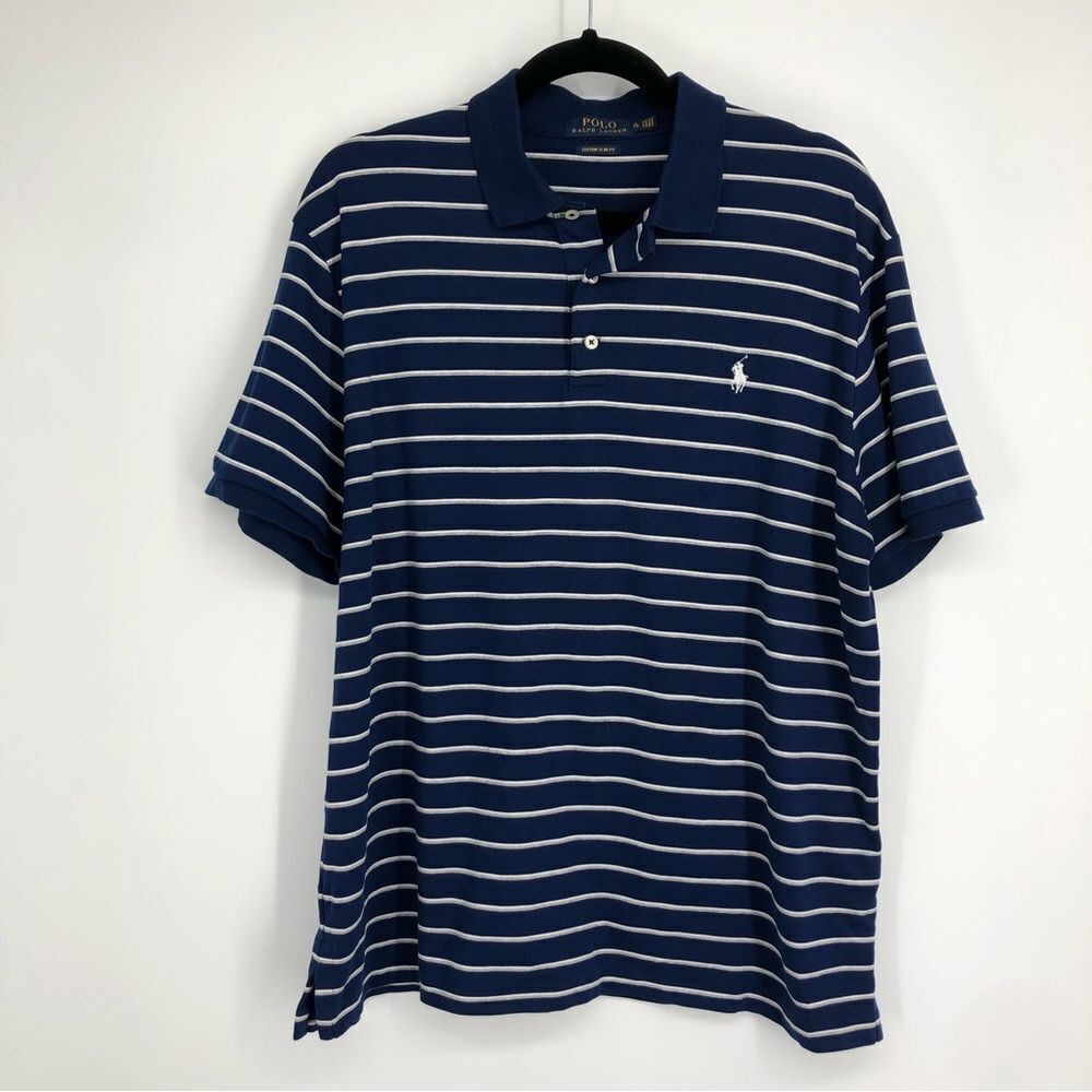 POLO RALPH LAUREN Custom Slim Striped Short Sleeve Polo Shirt Dark Blue Size XL‎